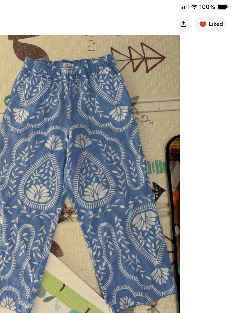 Blue and White Paisley Print Elastic Waist Pants